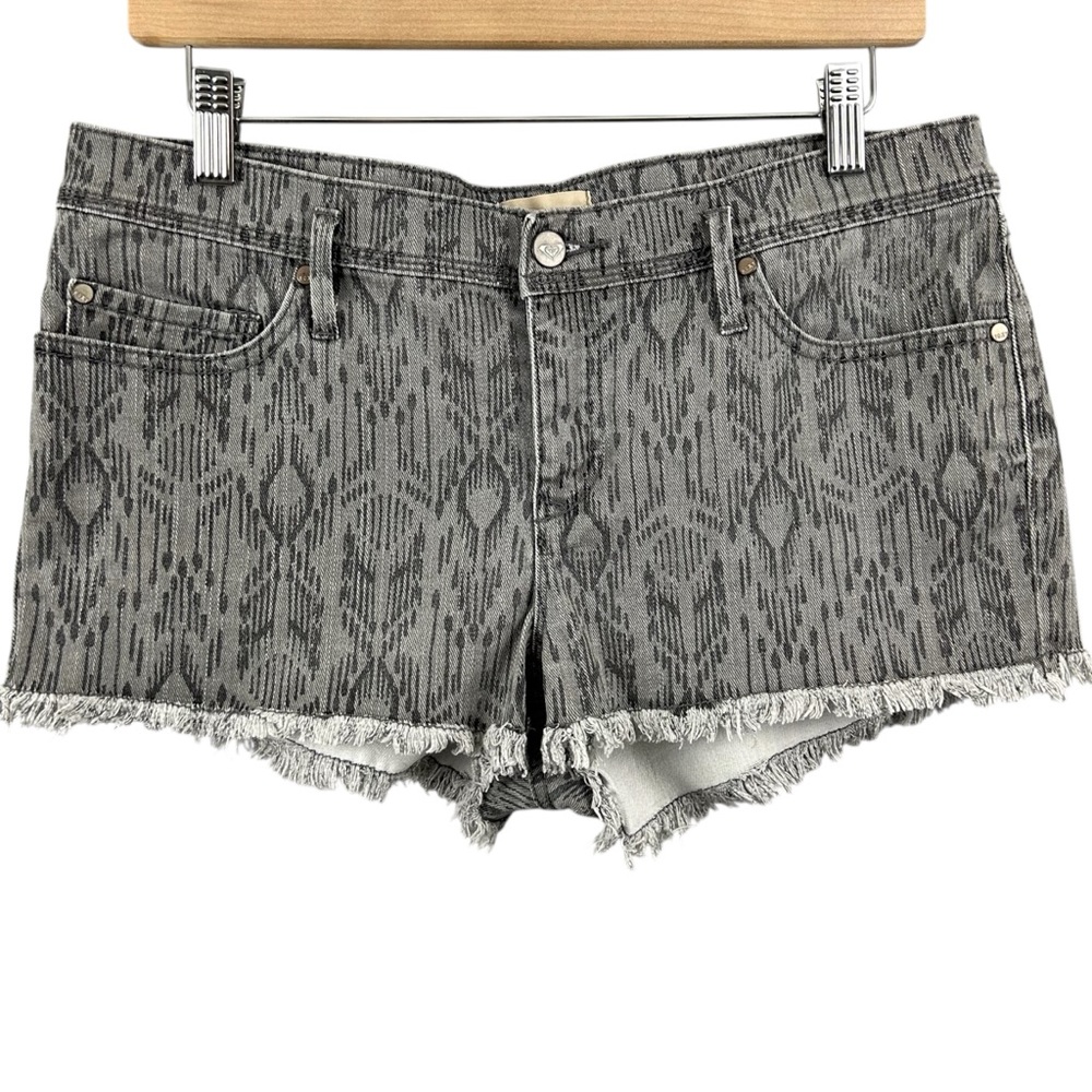 Roxy Gray Patterned Frayed-Hem Denim Shorts
